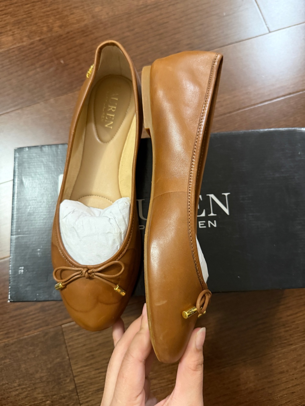 Ralph Lauren Cognac Leather Ballet Flat with Bow - Picture 10 of 12